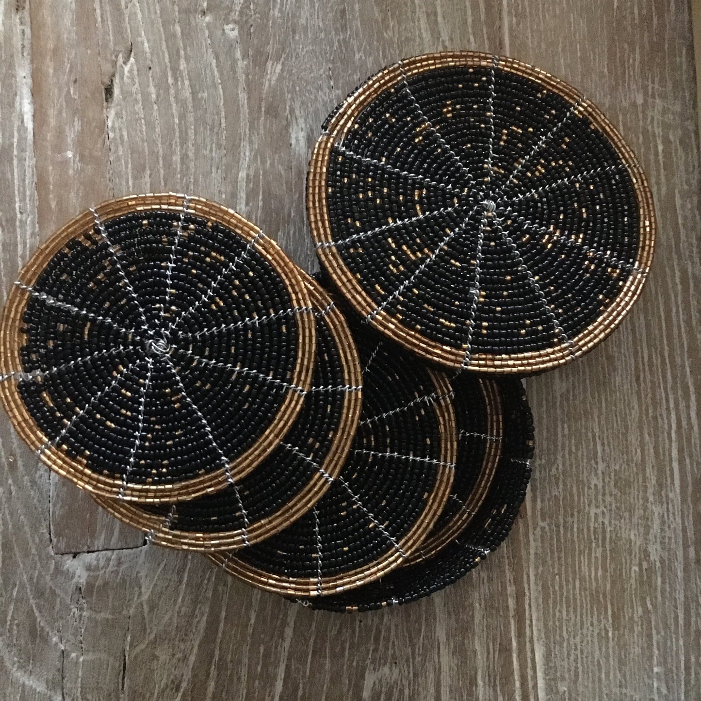 African Beaded Coaster Set - Black and Gold- Set of 6