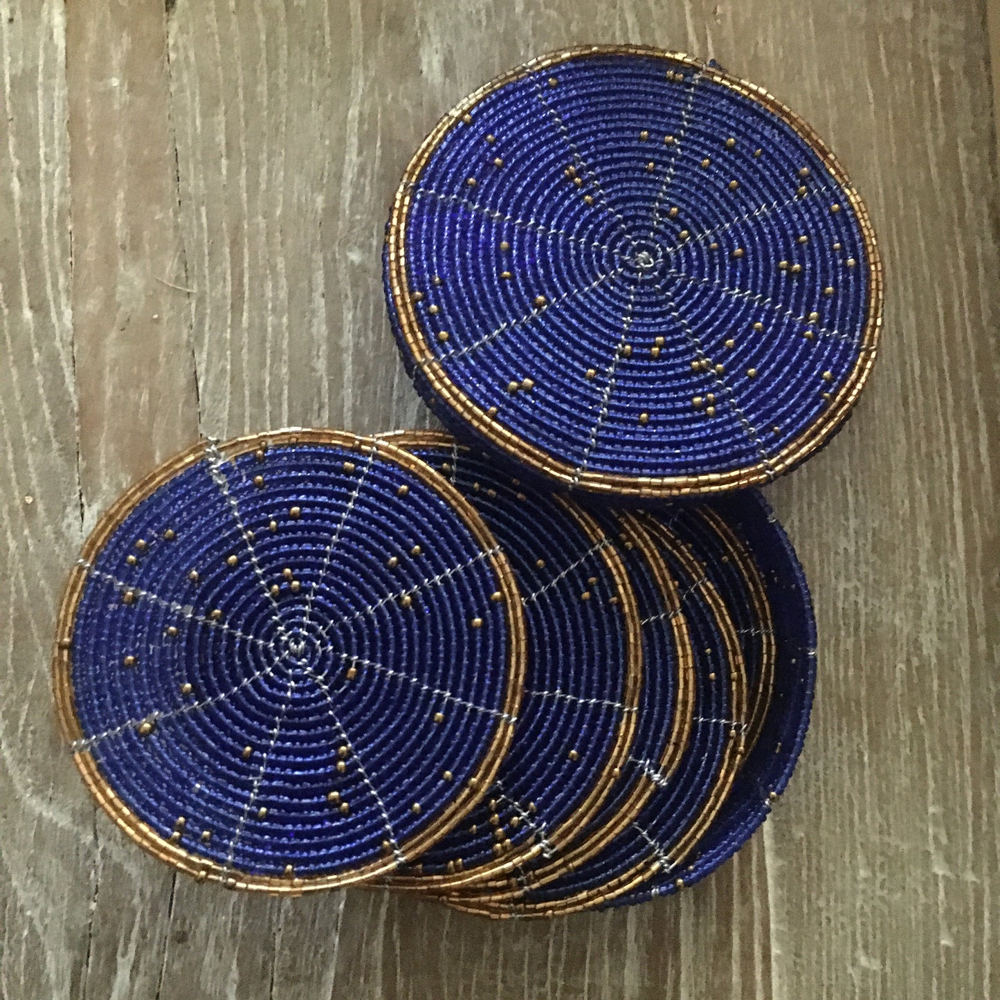 African Bead Coaster Set - Blue and Gold - Set of 6