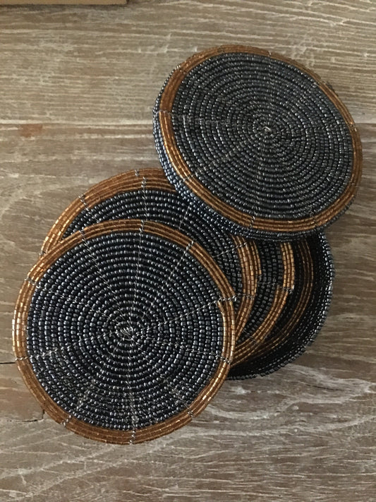 African Beaded Coaster Set - Charcoal and Gold colour - Set of 6