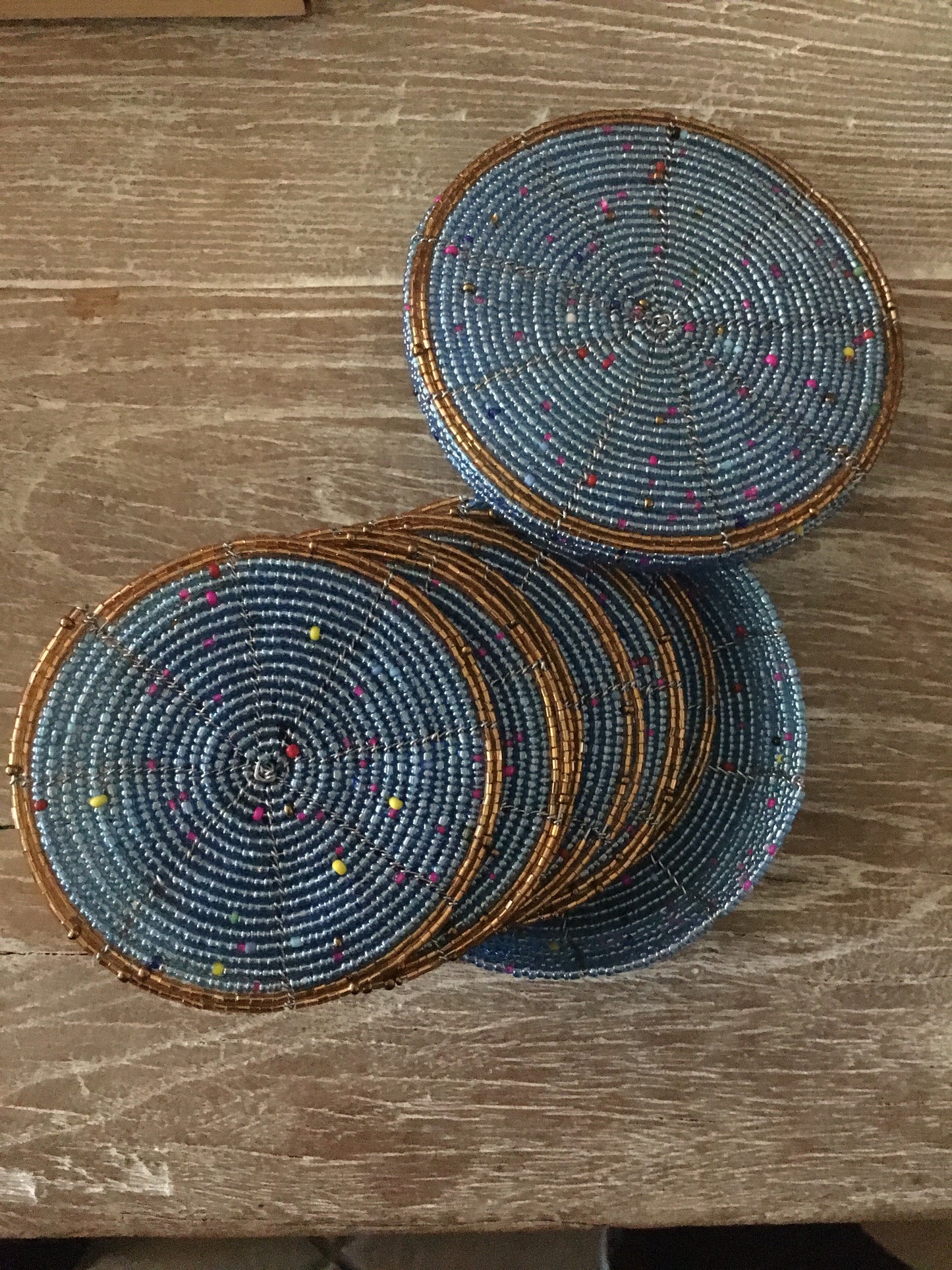 African Bead Coaster Set - Light Blue and Gold - Set of 6