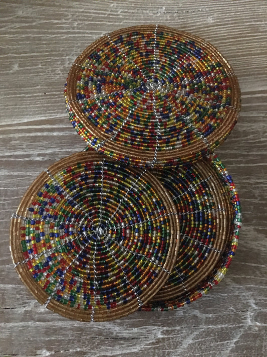 African Bead Coaster Set - Rainbow of colours - Set of 6