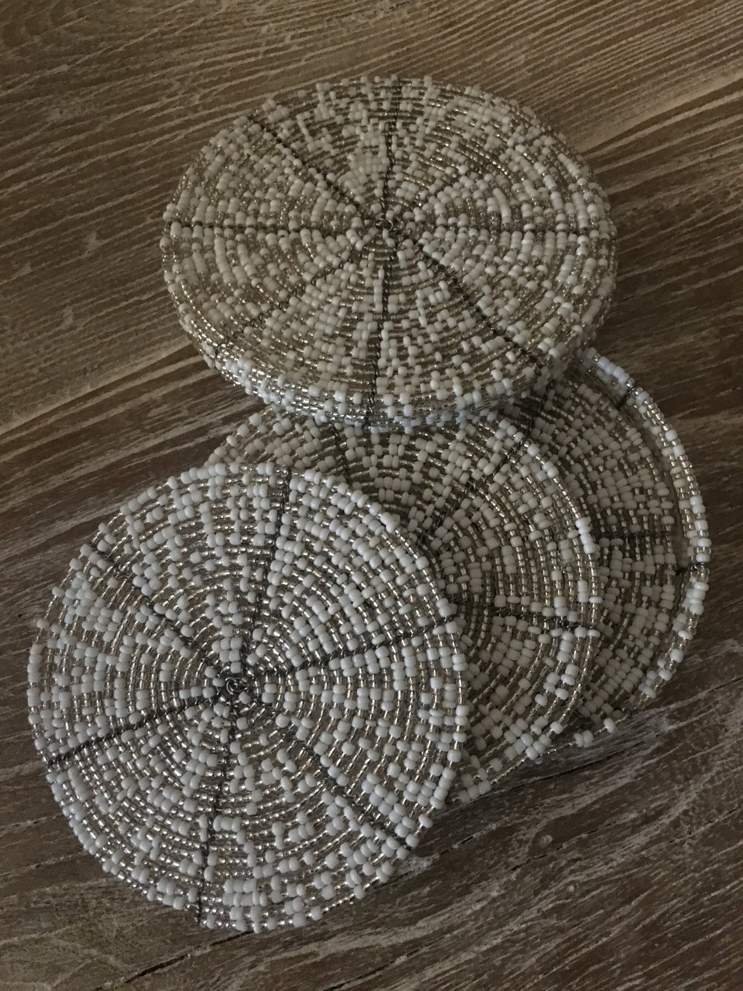 African Beaded Coaster Set - White and Silver - Set of 6